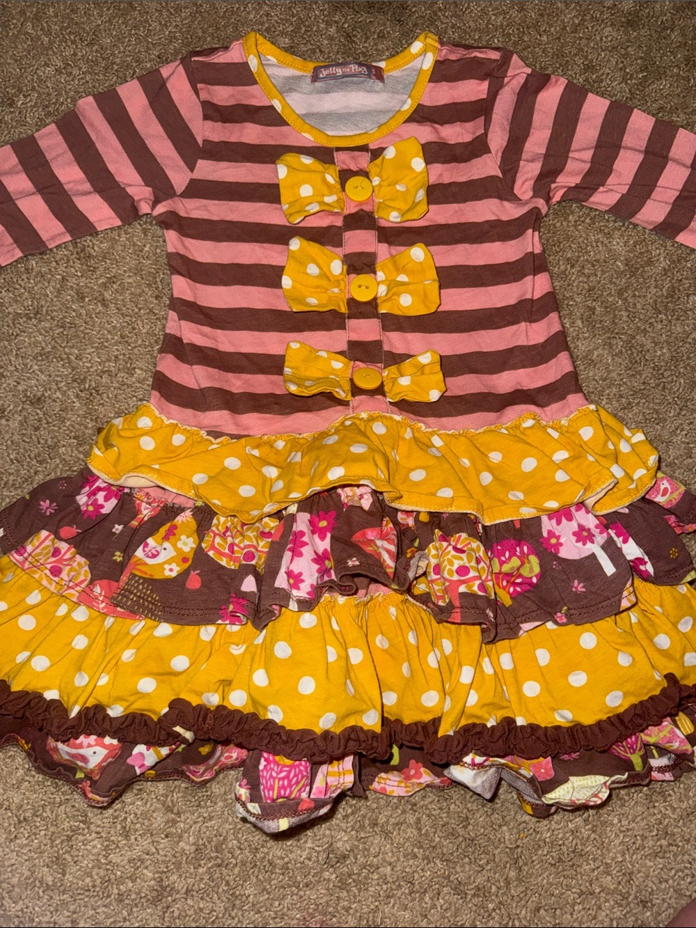 Jelly The Pug Pink and Brown Striped Yellow Polka Dot Ruffle Dress